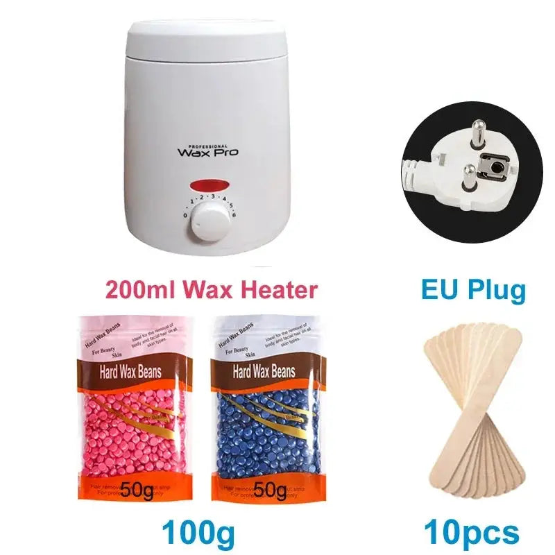 Wax heater 200ml by Simples Market with EU plug, pink/blue hard wax beads (50g each) and 10 spatulas