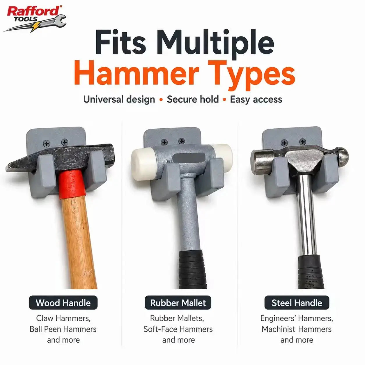 Hammer holder wall mount by Rafford; holds wood-handle, rubber mallet, and steel hammer; universal, secure grip