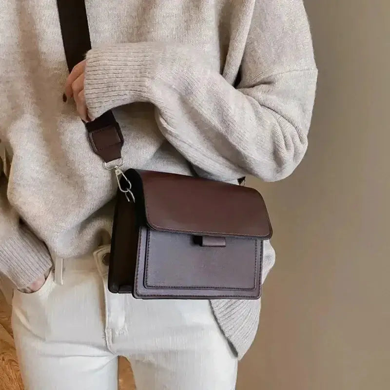 Women’s brown PU leather crossbody bag with front flap, compact size and adjustable shoulder strap travel-ready