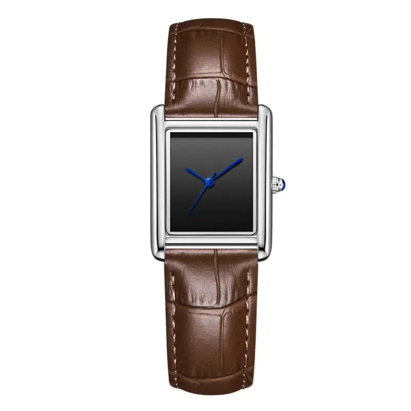 Rectangular silver watch with brown leather strap, black dial and blue hands.
