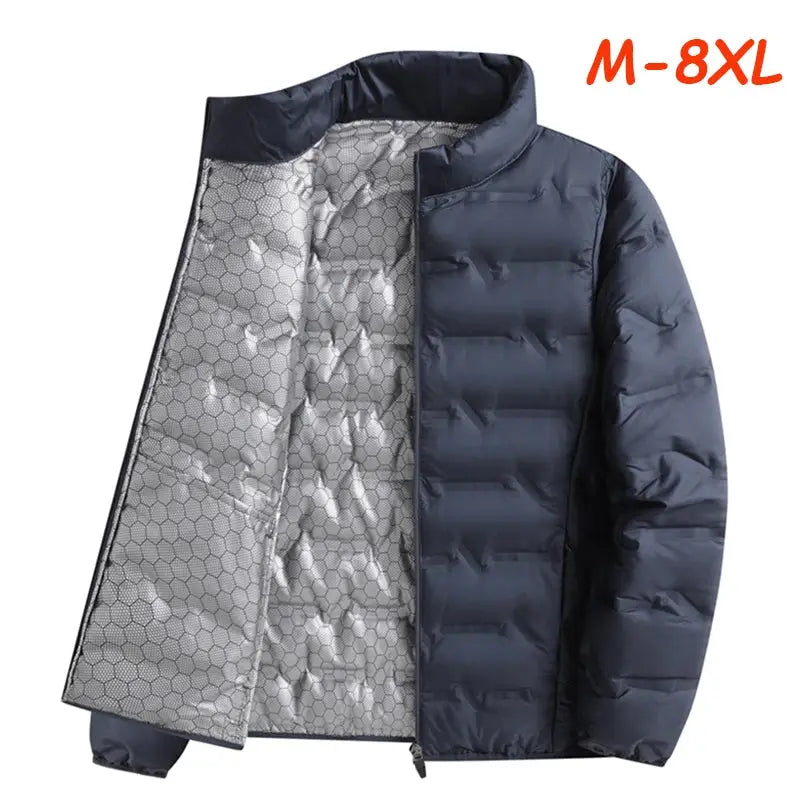 Men's navy quilted down jacket with stand collar and front zip