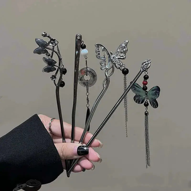 2026 Chinese Style Butterfly Flower Tassel Hair Stick For Women Vintage Metal Hanfu Chopstick Hair Accessories