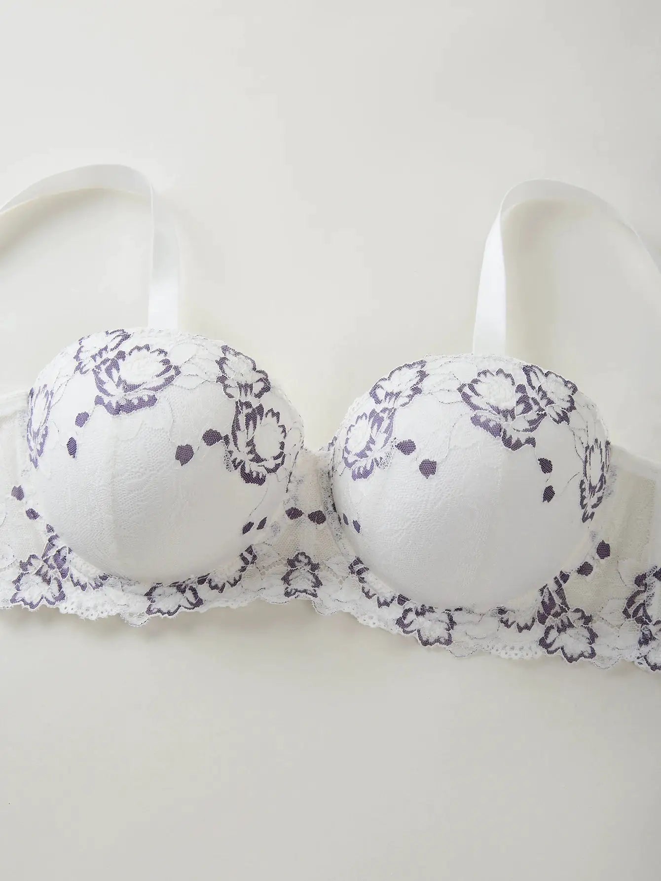 Daily Wide Strap lace bra in white with purple floral embroidery and wide straps
