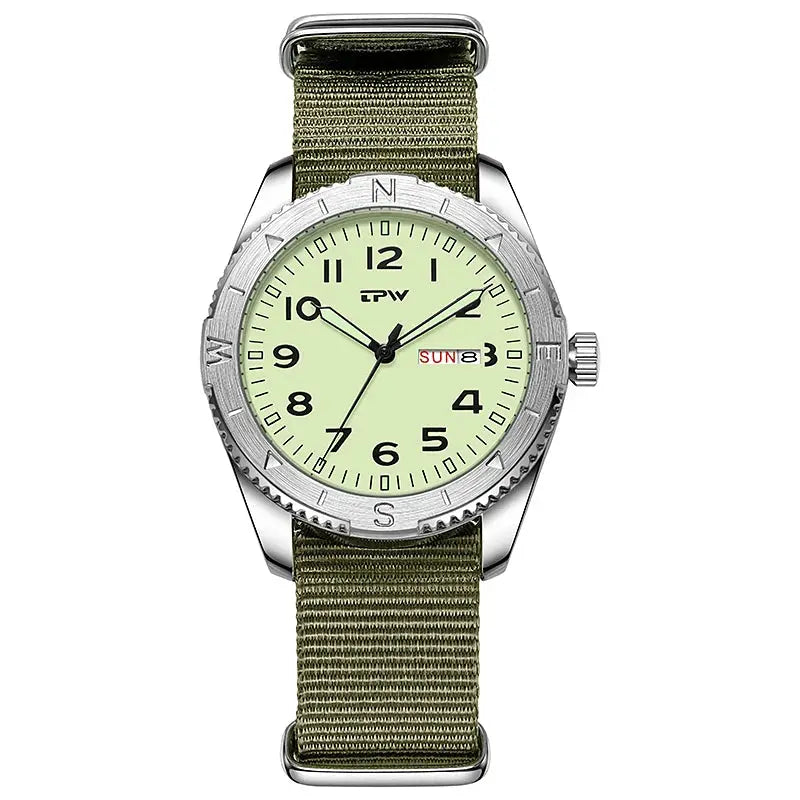 Simples Market 2026 TPW 40mm Field Watch, olive fabric strap, luminous dial, rotating bezel, day/date window.