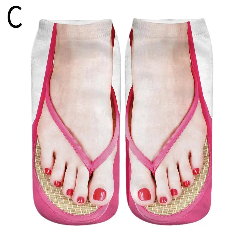 Women 3D Printed Pattern Flip Flop Socks Low Cut Ankle Socks Novelty Hosiery Gift Pair