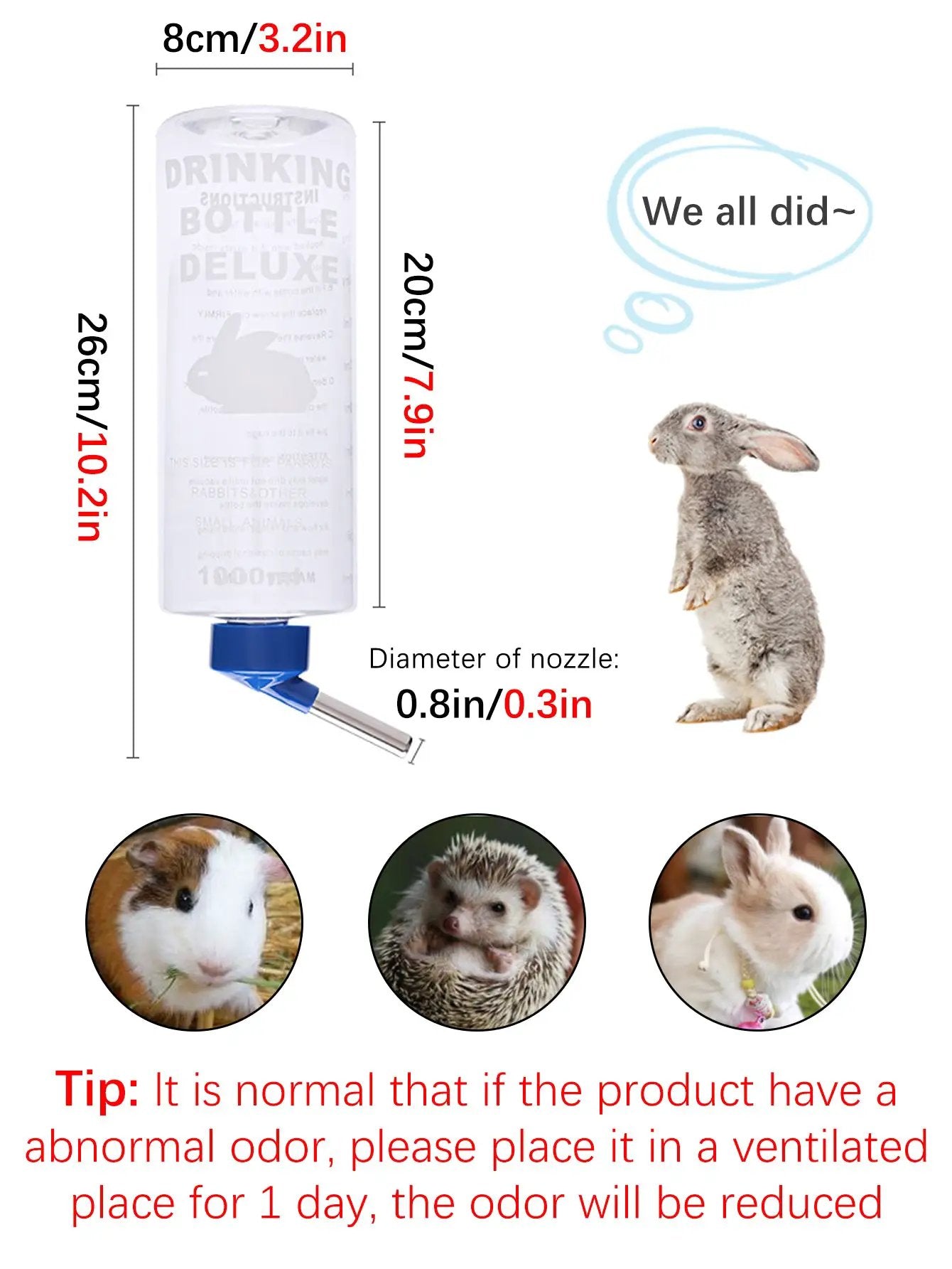 Simples Market 1000ml hangable automatic drinking bottle for small pets with blue nozzle for rabbit/guinea pig
