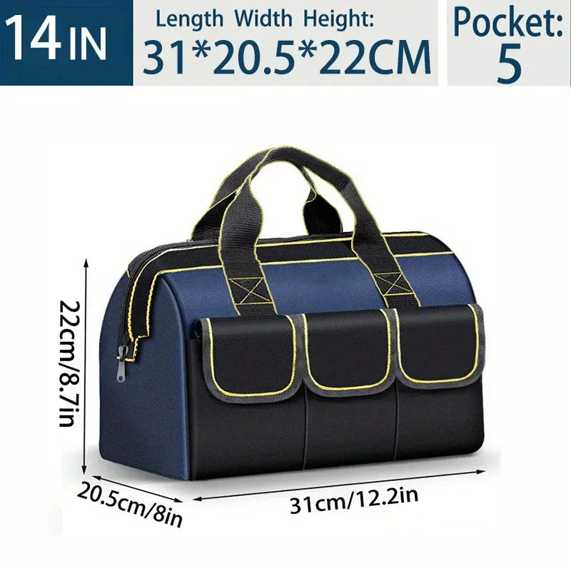 Multifunctional tool bag, blue and black with yellow trim, 5 pockets, 31x20.5x22 cm, waterproof wear-resistant