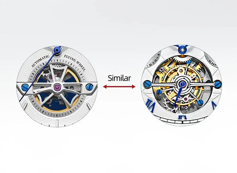 Two Shanghai Watch movement close-ups; automatic mechanical internals with blue screws and exposed gears.