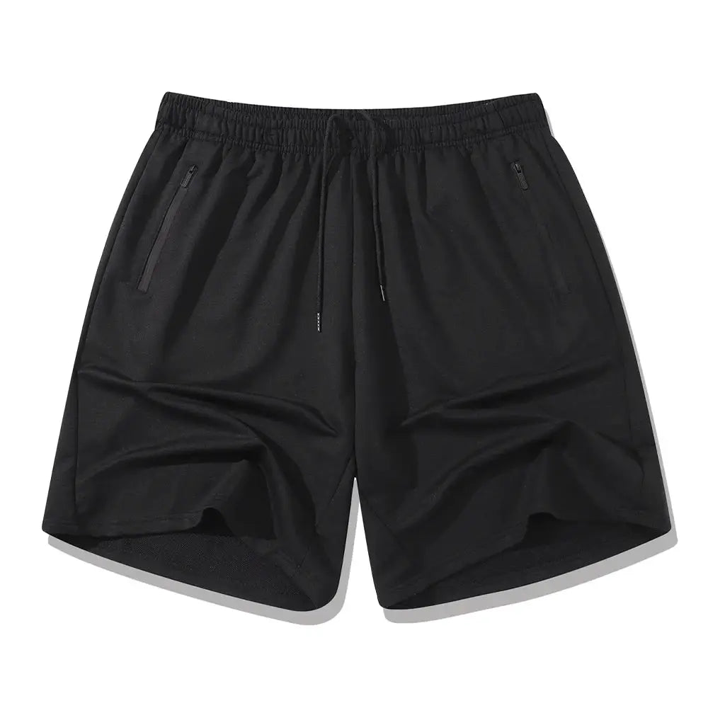 Men's black workout shorts with drawstring waist and zippered phone pockets; quick-dry, breathable athletic wear.