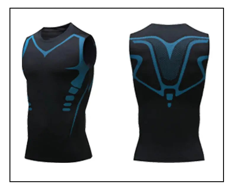 Men's compression tank top by Simples Market, black sleeveless gym shirt with blue printed patterns front and back.