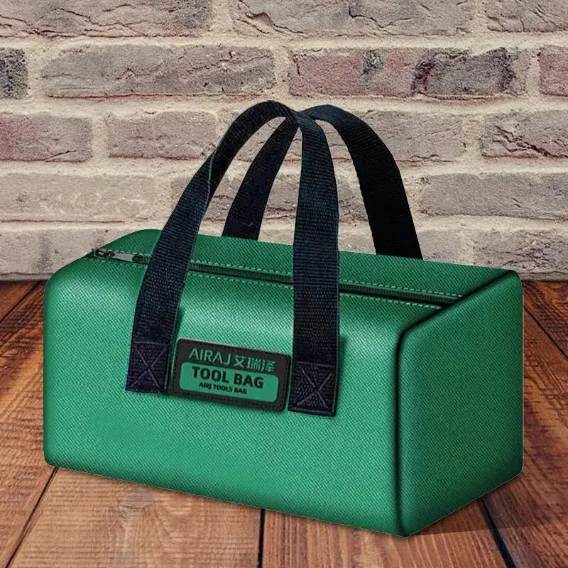 Airaj tool bag in green Oxford fabric with black handles for portable electrician storage