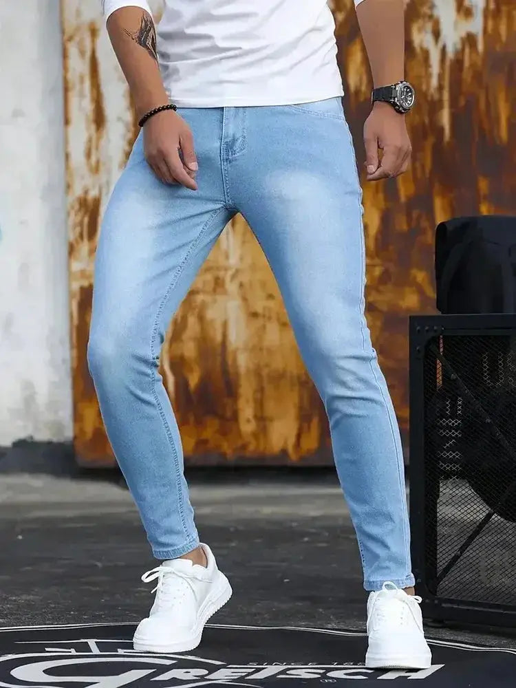 Men's light blue stretch skinny denim jeans, slim fit