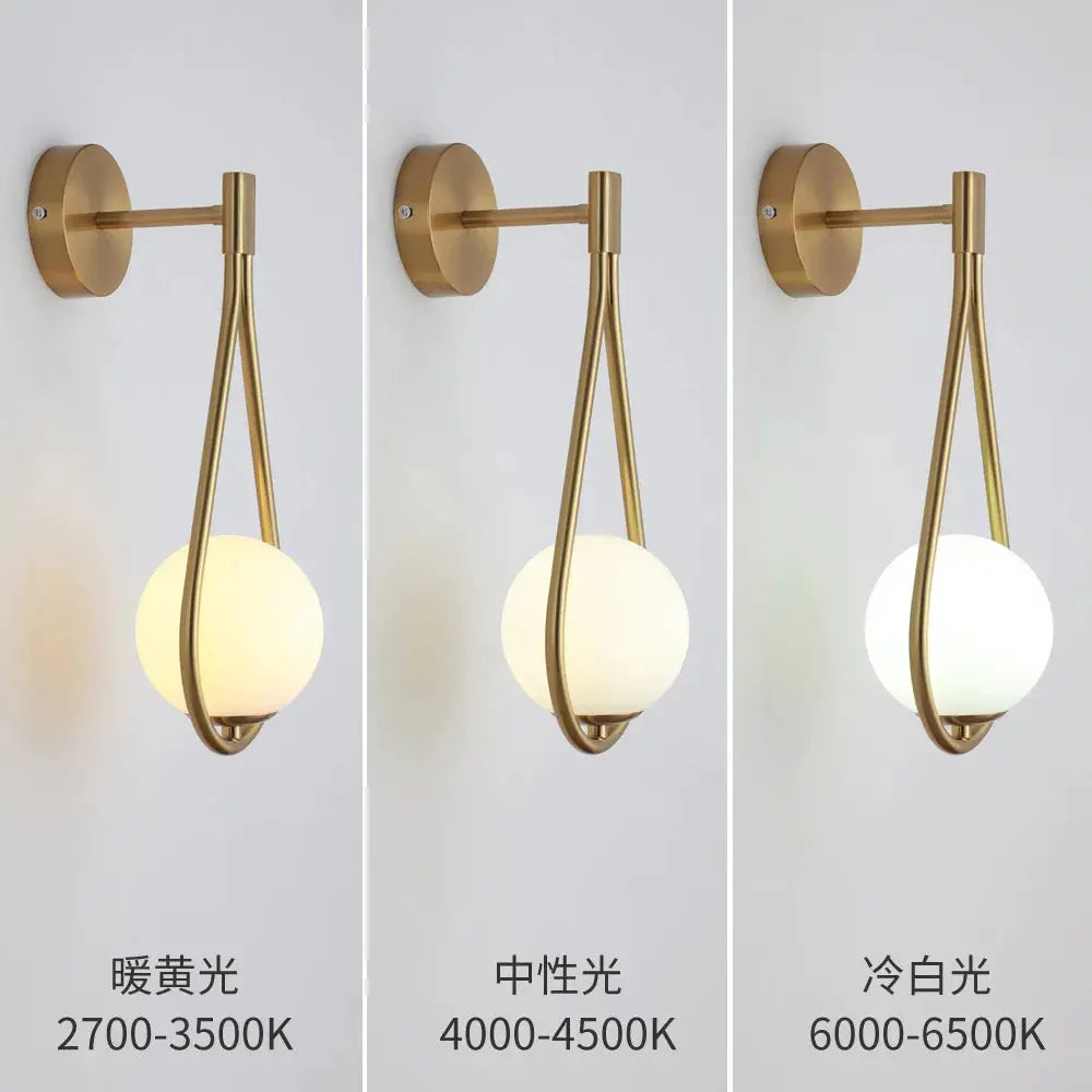 Nordic glass-ball LED wall lamp; brass finish, modern minimalist wall light for living room or bedroom