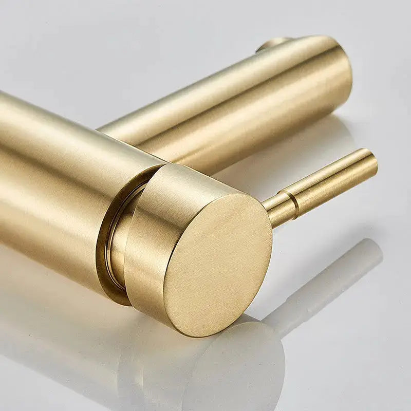 Brushed gold stainless steel bathroom faucet, modern 2-hole deck-mount basin mixer with hot/cold control