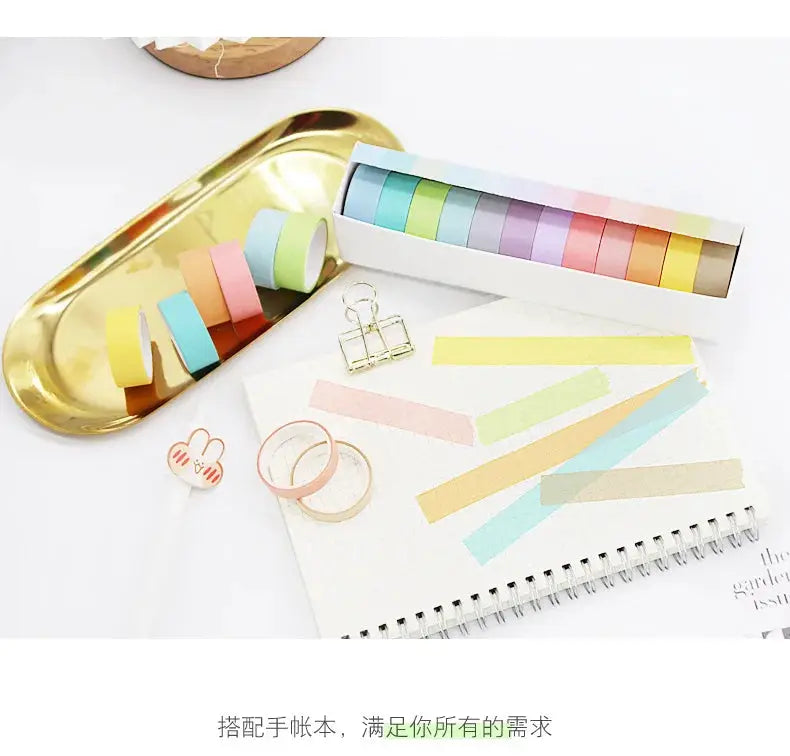Simples Market rainbow macaron washi tape set, solid pastel colors in a box, 6–12 pcs