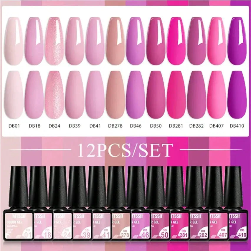 Gel nail polish set by Simples Market MTSSII, 12pcs nude pink red glitter shades UV soak-off varnish kit