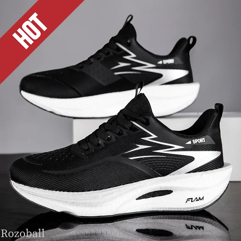 Men's black sport running shoes with white air-cushion sole and zigzag side accents; two shoes on display.