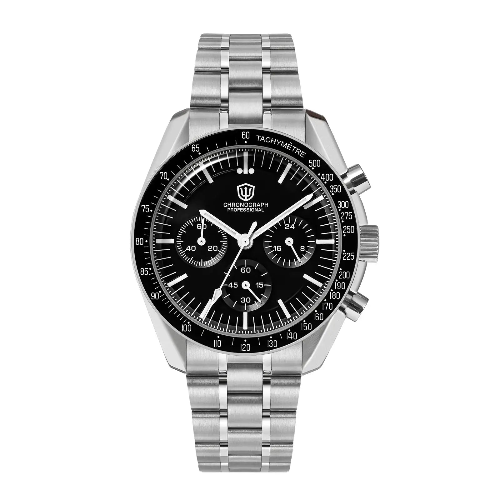Watch WD1863 stainless steel chronograph wristwatch with black dial, tachymeter bezel and three subdials