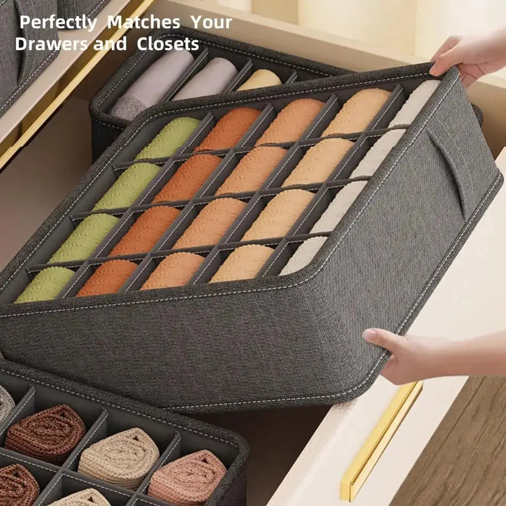 Closet underwear organizer storage boxes, 2-pack gray fabric foldable with compartments for socks and underwear.