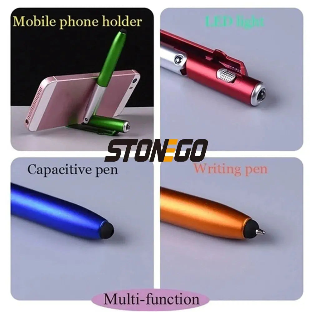 STONEGO 4-in-1 foldable pen stylus with flashlight and phone/tablet stand; blue capacitive pen and orange ballpoint tip