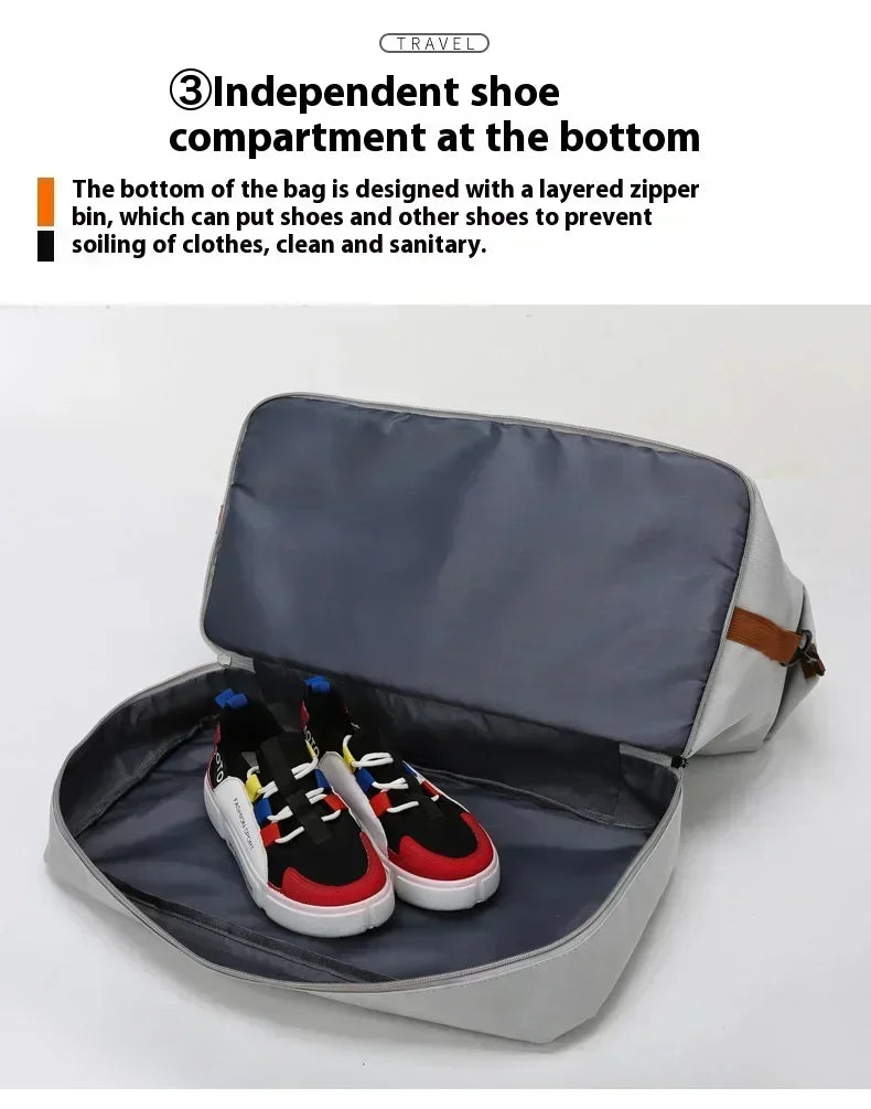 Large-capacity travel gym bag by Simples Market; gray waterproof fabric with separate shoe compartment