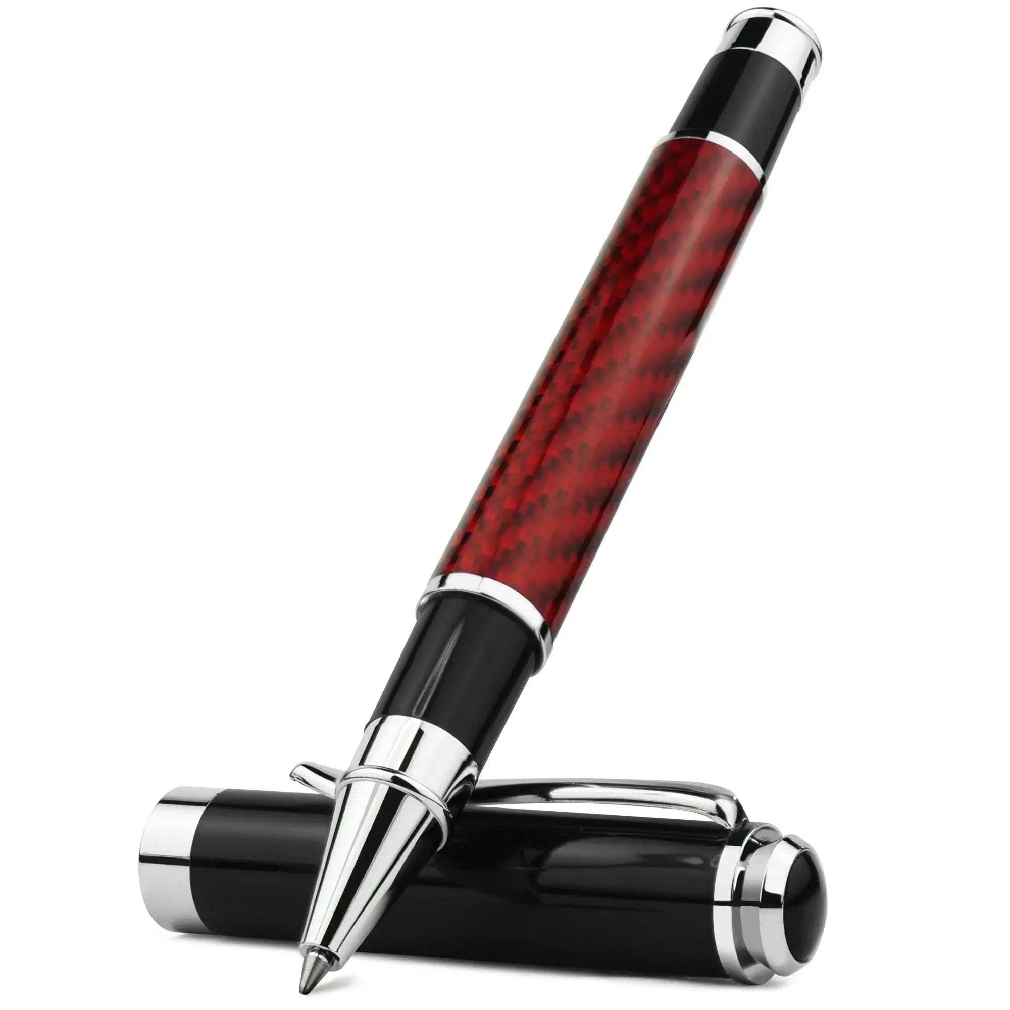 Simples Market carbon fiber signature pen with red marbled barrel and chrome accents, 0.5mm gel ink