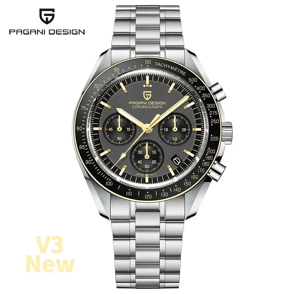 Pagani Design men's chronograph wristwatch with stainless steel bracelet and black dial featuring gold-tone hands