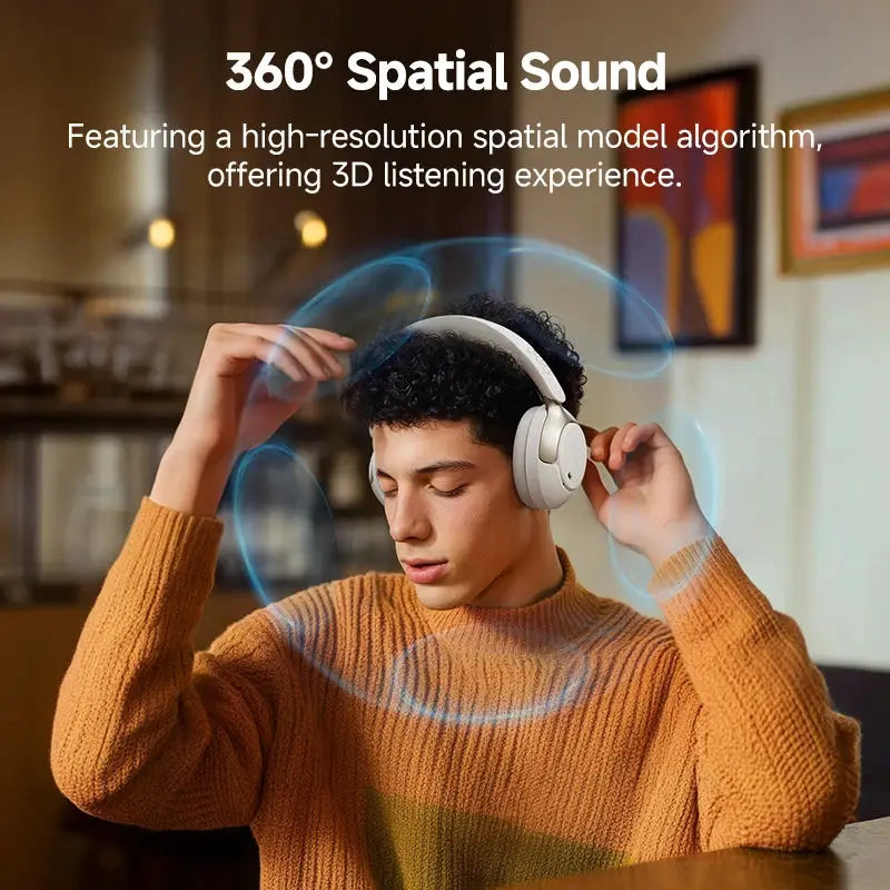 QCY H3 Pro ANC wireless over-ear headphones in white worn by a person, featuring 360° Spatial Sound.