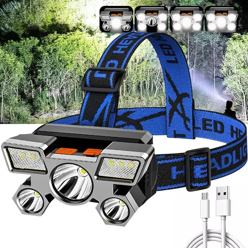 Usb Portable Rechargeable Headlamp With Built In Battery And 5 Led Headlight For Fishing Hiking And Working Light