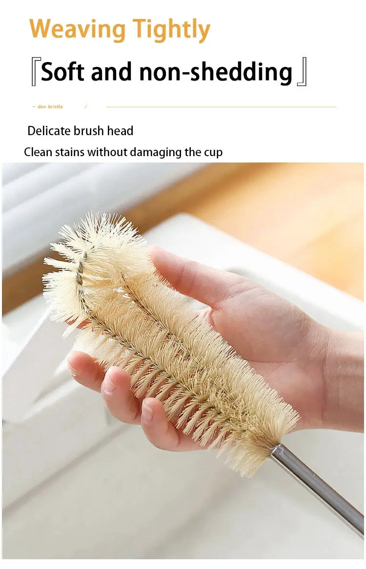 Wooden bottle cleaning brush with long handle, beige bristles for glass and stainless steel bottles, Simples Market.