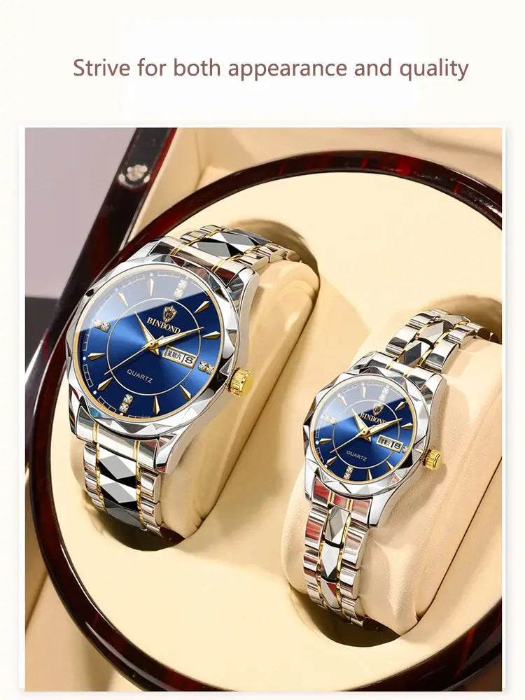 BINBONG women's luxury quartz watches set with blue dials and two-tone stainless steel bracelets (2 watches)