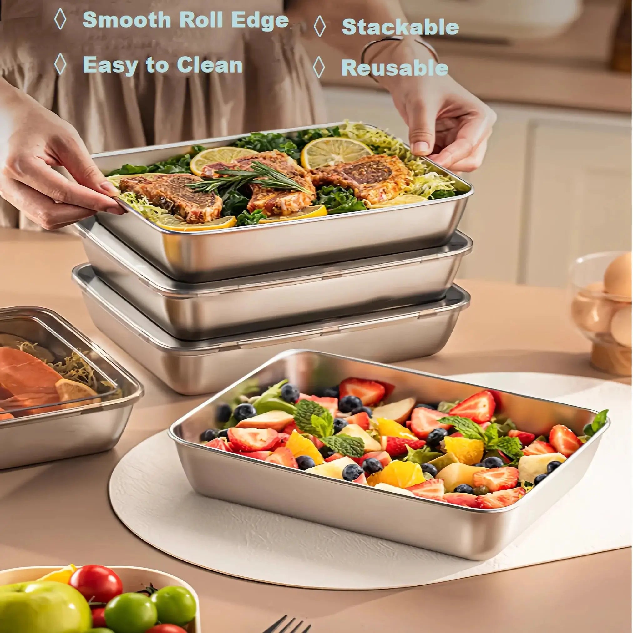 CuisineCraft 3 Piece Stainless Steel Food Containers Leakproof Stackable With Clear Lids For Camping And Meal Prep