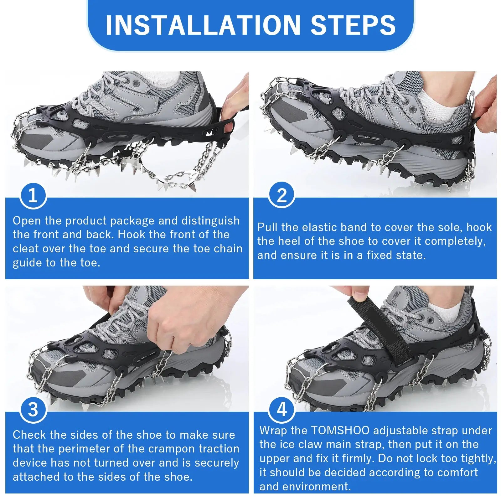 Tomshoo 32-Teeth ice gripper spikes for shoes on gray hiking boots with a black strap and metal cleats