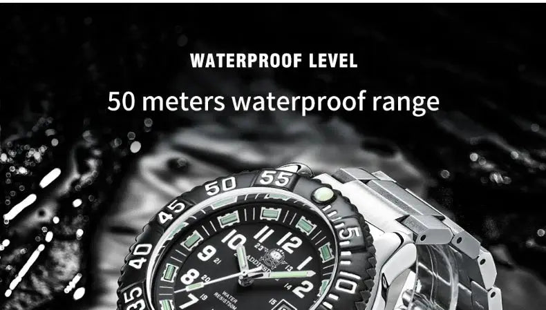 Addies Dive men's watch with black dial, rotating bezel, luminous markers, 50m water resistance