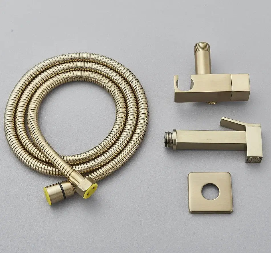 Simples Market brass four-piece bathroom bidet faucet kit with flexible hose, spray head, valve body, and escutcheon