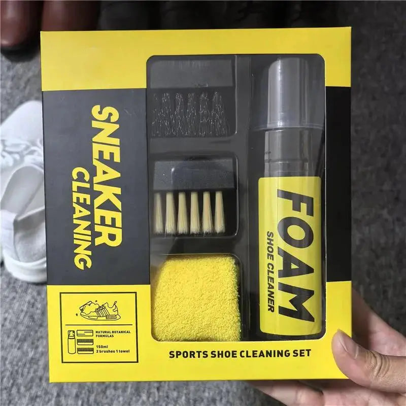 1-set Simples Market shoe cleaning kit with 150ml foam cleaner, brushes and yellow sponge in yellow-black box.