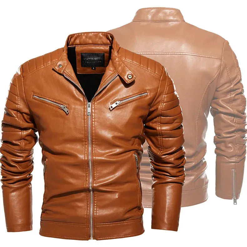 Brown leather motorcycle jacket for men with zip pockets, front zipper and slim fit by Simples Market
