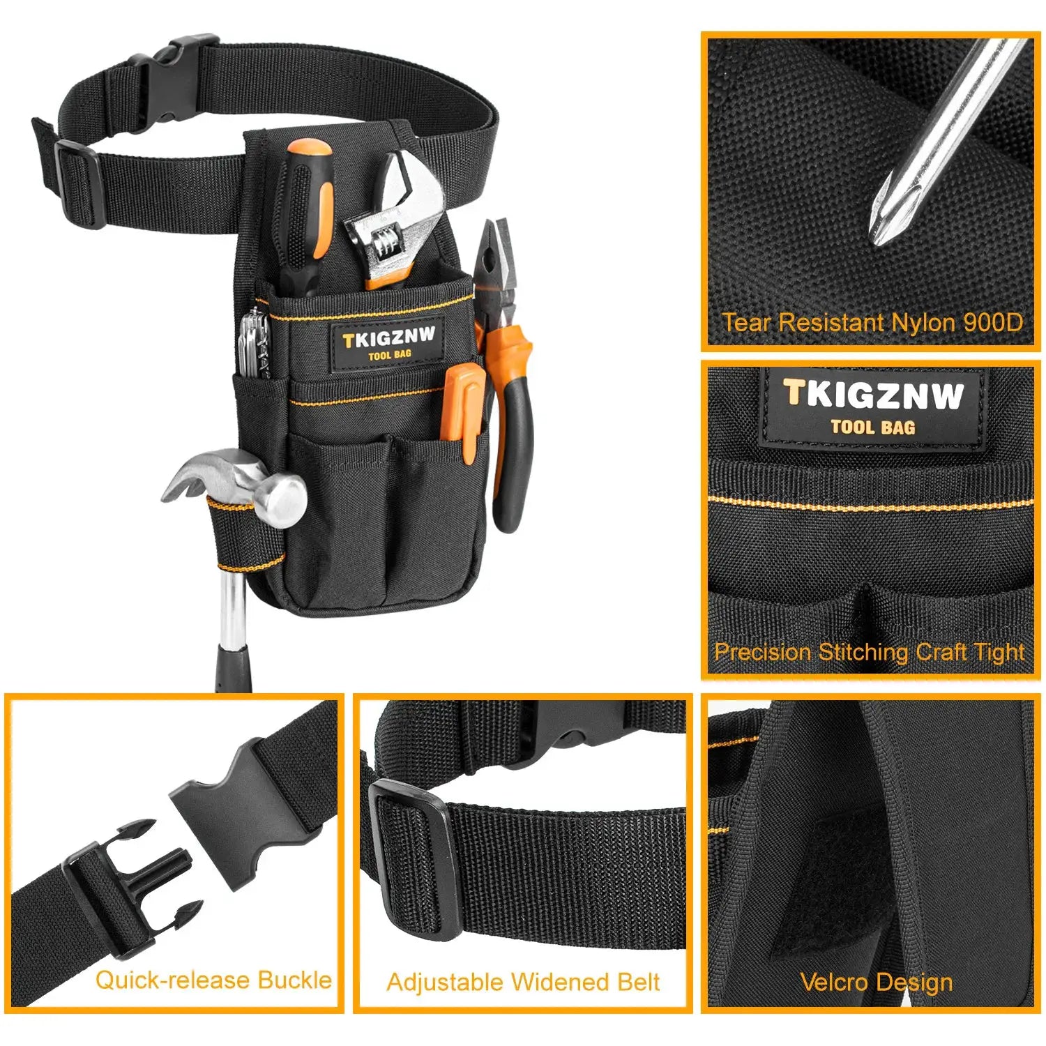 TKIGZNW tool pouch by Simples Market; black nylon belt bag with 6 pockets, 9 screwdriver loops, and orange stitching