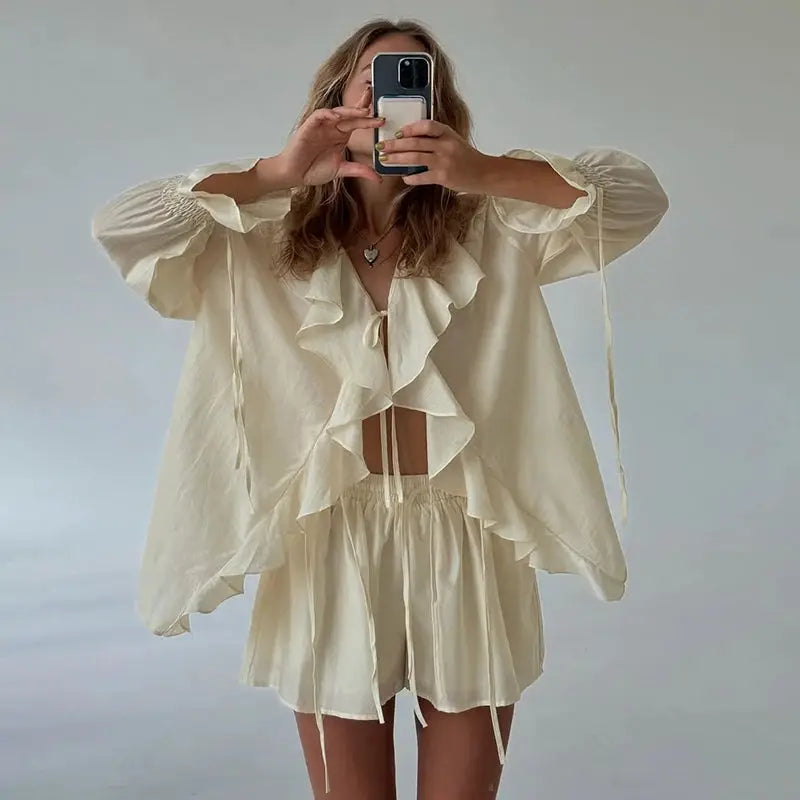 Tornova Womens Ruffled Shorts Sets V Neck Lace Up Shirt Spring Casual