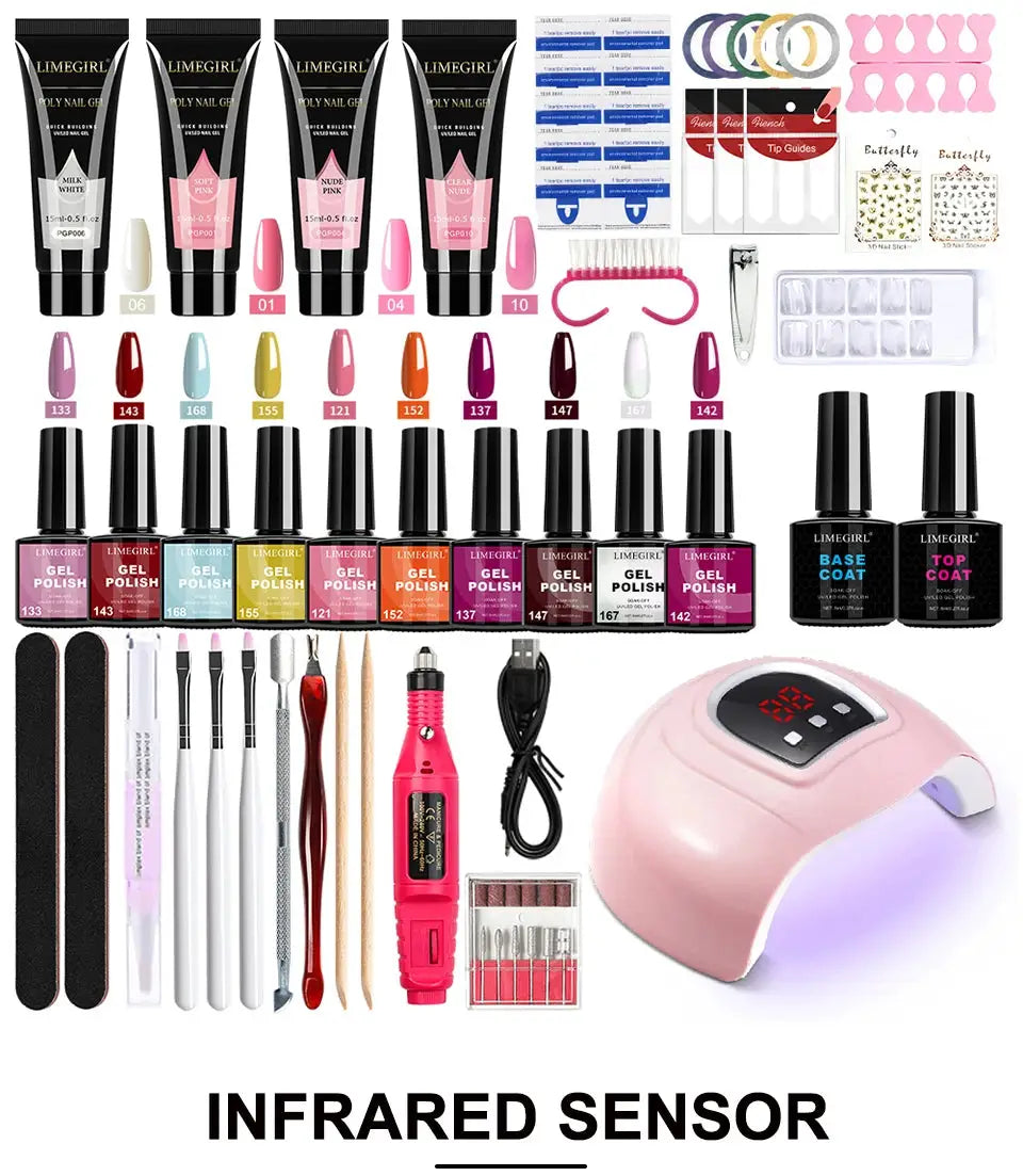 LIMEGIRL Gel Nail Polish Kit by Simples Market with LED lamp, nail drill, and assorted gel polishes