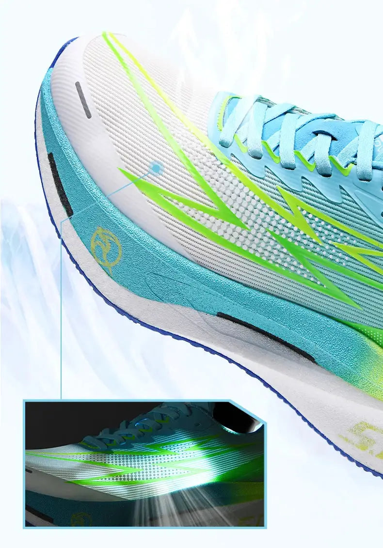 Men's running shoes in turquoise blue with neon lime accents and breathable air-cushion sole