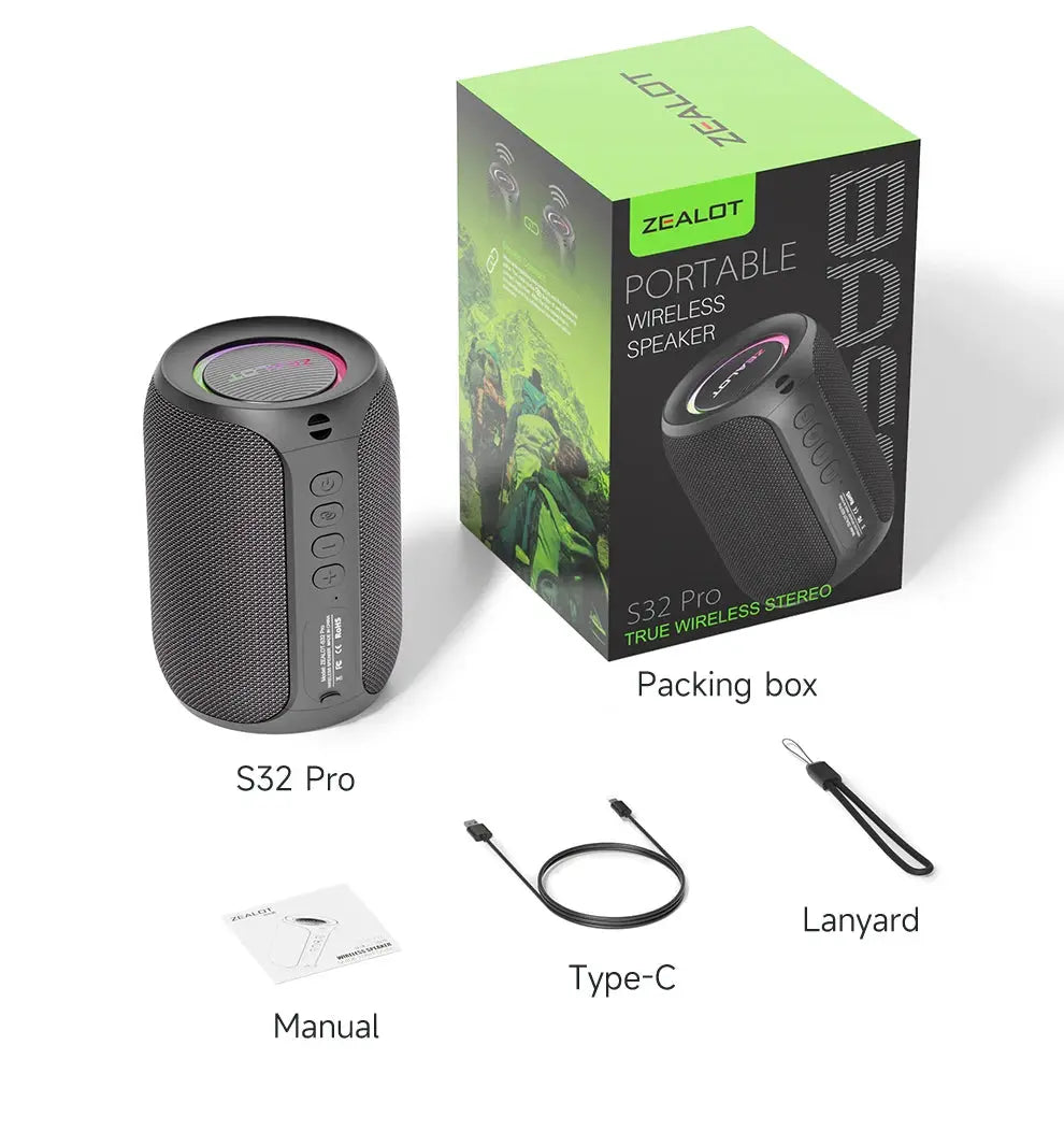 ZEALOT S32 Pro portable Bluetooth speaker with LED ring; includes packing box, Type-C cable, manual, and lanyard