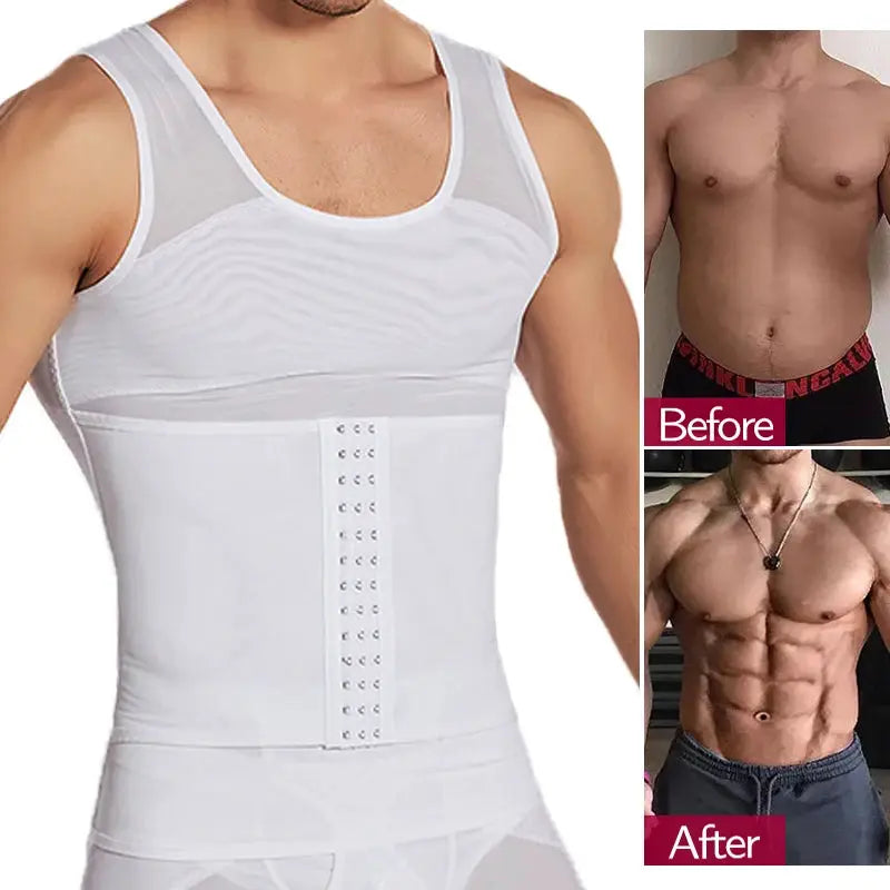 CXZD men's waist trainer shirt in white with mesh panels and front hook closure girdle.