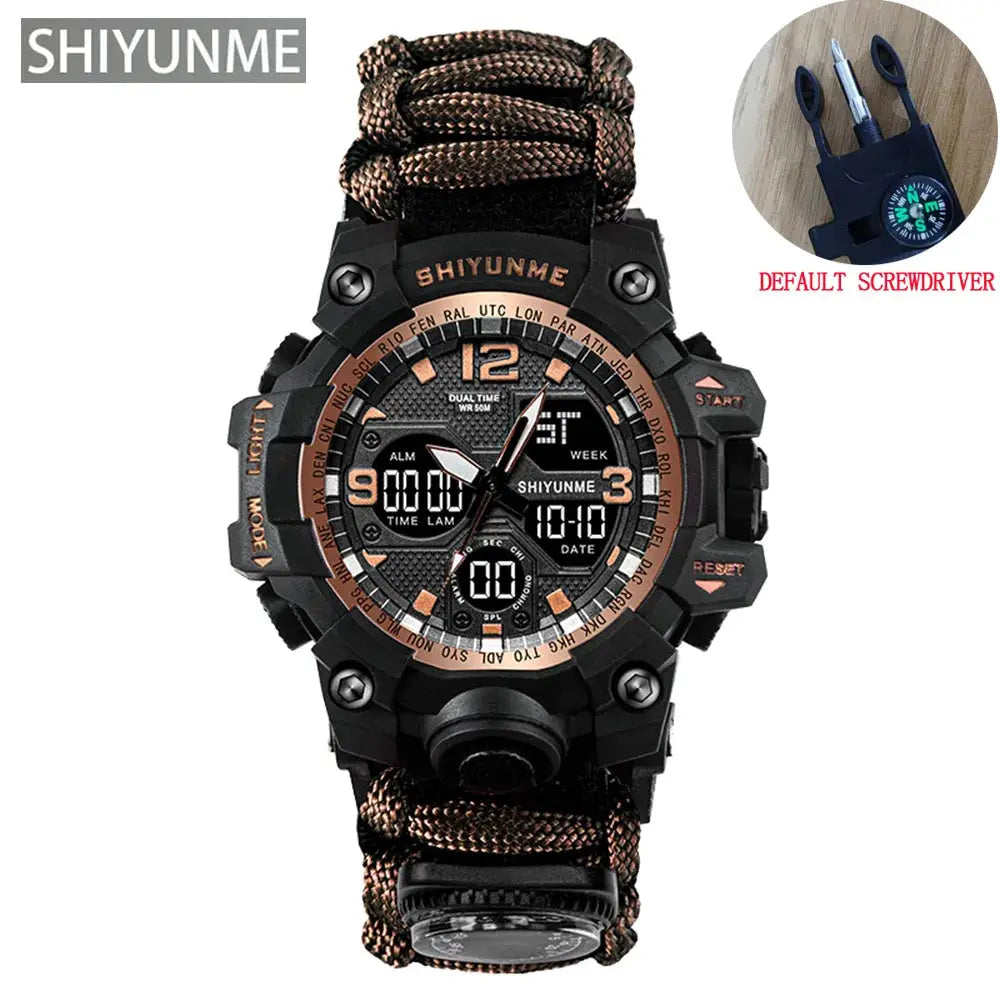 SHIYUNME men's military-style digital watch with black case, orange accents and braided paracord strap