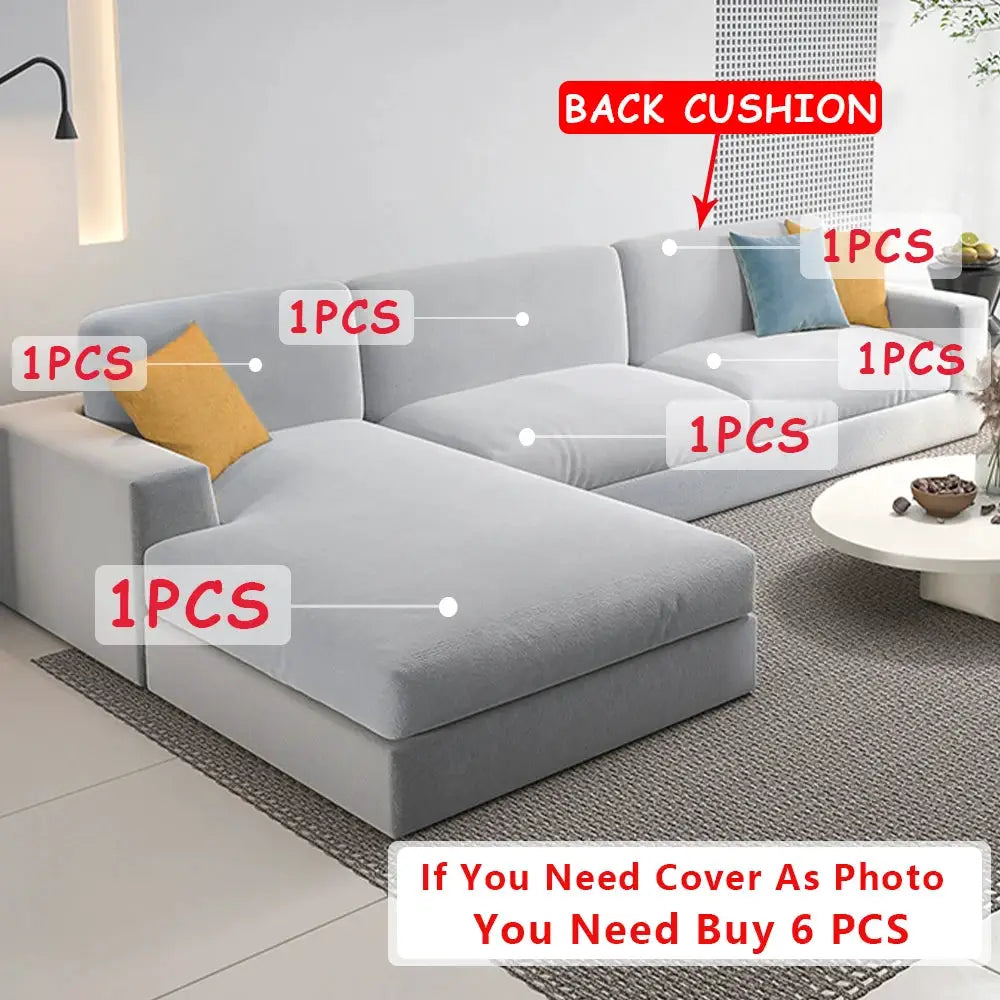 Simples Market velvet sofa cushion cover set in light gray, 6 pieces for L-shape sectional couch