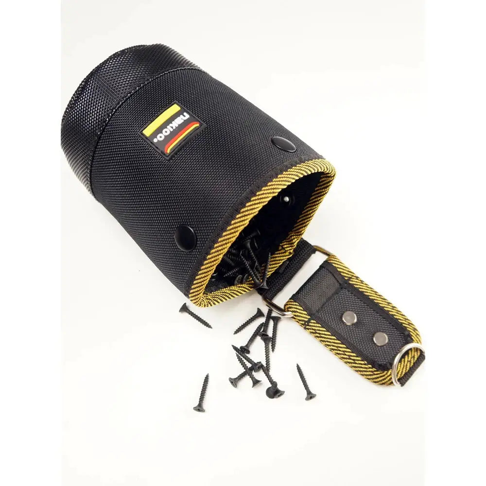 Simples Market black 1680D tool bag with yellow trim and rotatable hanging strap, nails spilled
