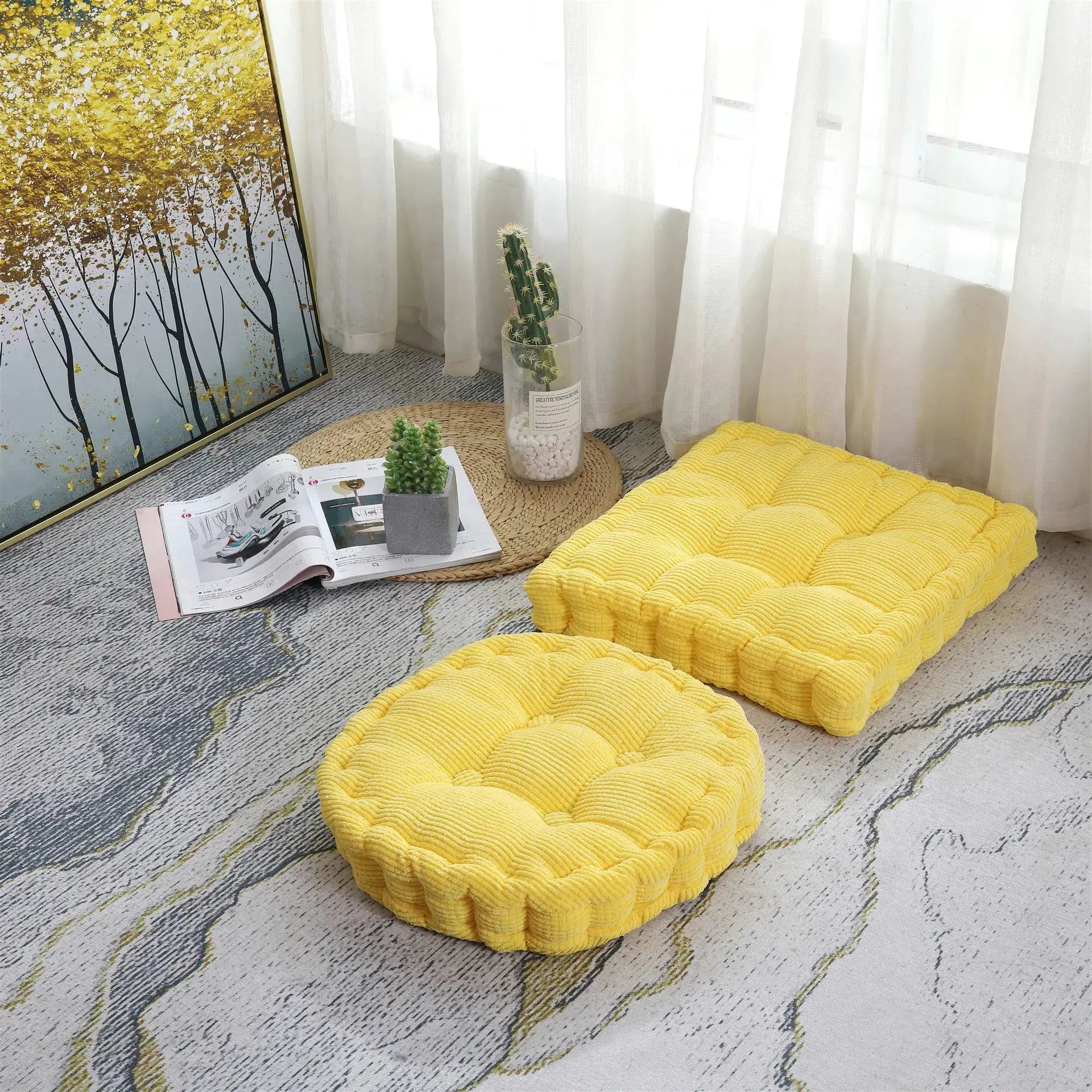 Three yellow tufted seat cushions (50x50cm) for tatami floor or chairs