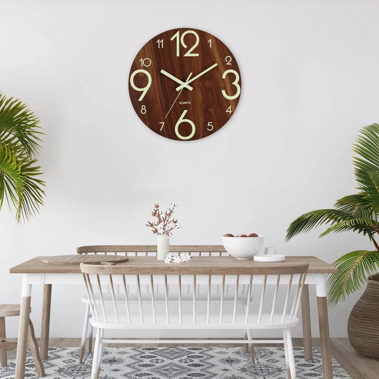 12-inch wooden wall clock with luminous numerals and night light; silent operation
