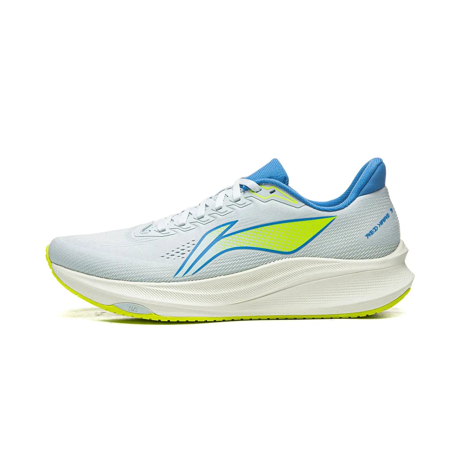 Li-Ning Red Hare 9 racing running shoes, white/gray mesh with blue accents and neon lime outsole