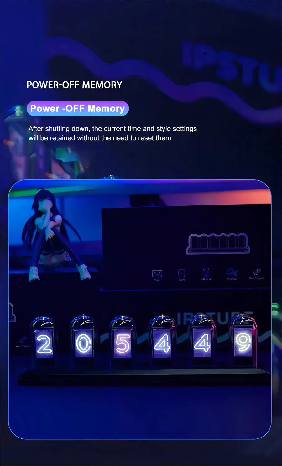 RGB Nixie Tube Clock by Simples Market with LED glow; blue-purple tubes for desktop decoration
